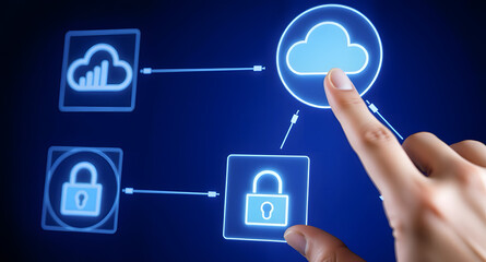 Hand touching digital screen with icons of technology, network connection, cloud storage and security system on dark blue background.