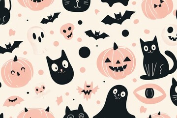 Halloween Pattern with Black Cats, Pumpkins, and Bats
