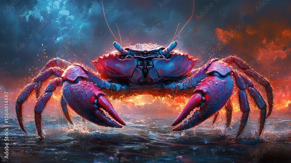 Wall mural Fierce Red Crab Emerging from the Ocean at Sunset