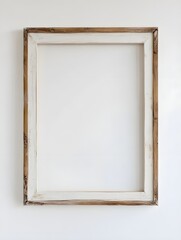 Fototapeta premium Blank picture frame mockup on white wall. Template for painting or poster. White living room interior design. View of modern rustic style interior with artwork mock-up