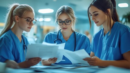 Three young female nurses in blue scrubs reviewing patient records, symbolizing collaboration and attentive healthcare documentation in a hospital.