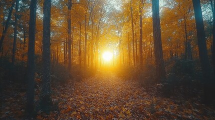 Fototapeta premium A thick forest in early autumn, with orange and yellow leaves covering the ground and sunlight shining through the trees.