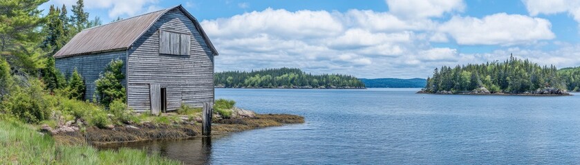 Obraz premium A serene waterfront scene featuring a rustic wooden boathouse and lush greenery.