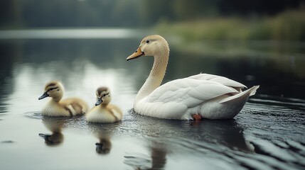 Fototapeta premium Two white ducks with orange beaks swim peacefully on a still lake surrounded by lush green grass.