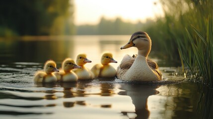 Fototapeta premium Two white ducks with orange beaks swim peacefully on a still lake surrounded by lush green grass.