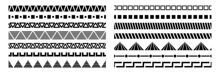 Set of geometrical vector borders. Black geometrical decorative borders isolated on white background. Simple geometric vector shapes collection. Borders collection. Native decor.
