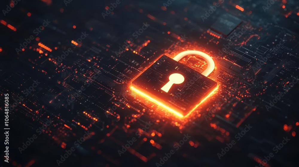 Poster a glowing digital padlock floating above intricate circuitry