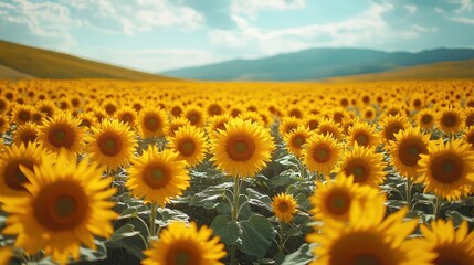 Fototapeta premium Golden sunflowers sway in a vibrant field beneath a boundless blue sky.