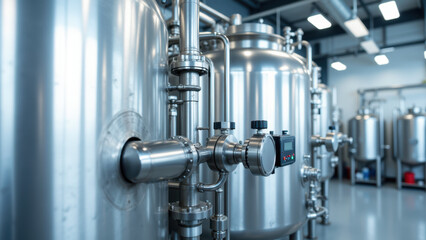 Fototapeta premium Industrial setting with large stainless steel tanks.