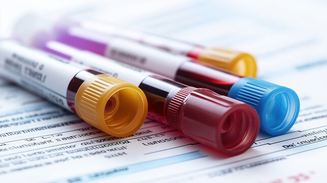 Color-Coded Blood Test Tubes on Medical Form. Close-up of color-coded blood test tubes placed on a laboratory form, representing healthcare diagnostics, blood analysis, and medical testing.