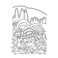 Vector drawing of a coloring page for children and adults. Contour illustration of a funny dog ​​against a background of mountains and forest. cartoon doodle