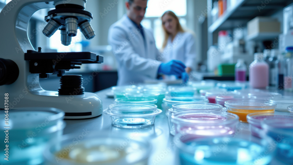 Poster scientists working in a laboratory, examining samples through a microscope.