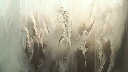Close-up of frost patterns on a window, with soft light filtering through, creating delicate, icy shapes. 