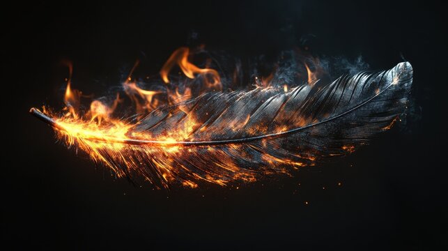 Burning feather isolated on black screen