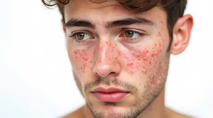 Obraz premium Young Man with Acne on Face Isolated on White Background