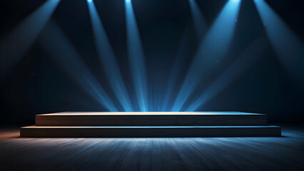 Obraz premium Podium with glowing blue light rays and a radiant background.