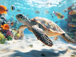 Obraz premium Sea Turtle Swimming Through Coral Reef With Fish