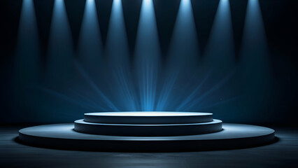 Podium with glowing blue light rays and a radiant background.