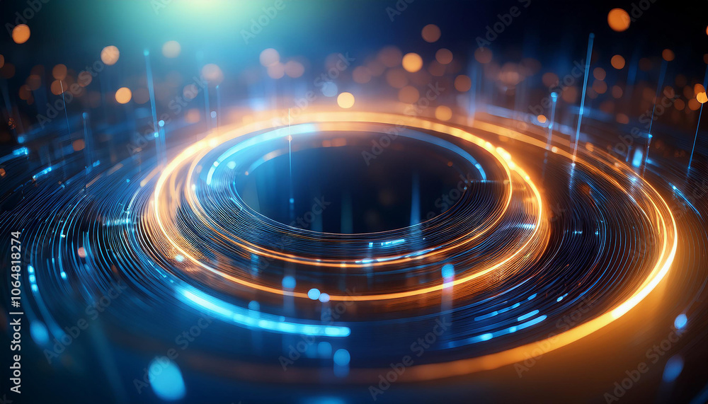 Poster illuminated digital scene with floating circles in blue and orange shades. dynamic background.