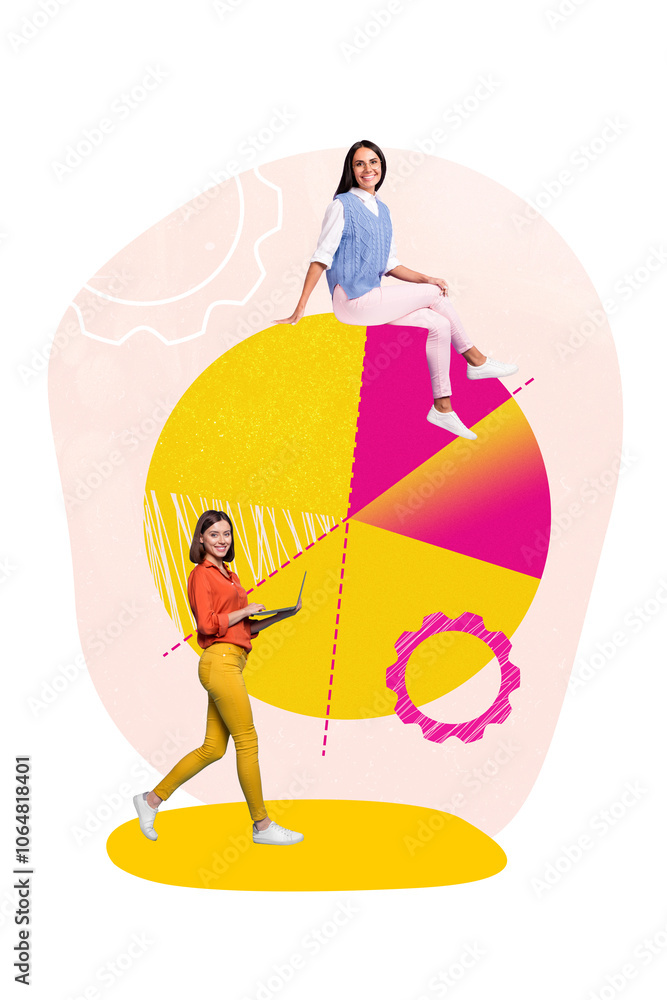 Aufkleber Magazine image template collage of two people colleagues working on financial success startup project make info chart with netbook