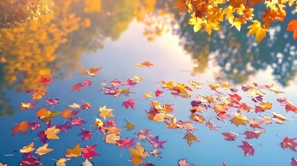 Floating autumn leaves creating a colorful layer on the surface of a peaceful pond, reflecting the trees above