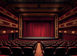 An elegant theatre hall, seen from the back rows, where the seats are higher, gradually descending towards the stage. There is a black screen on the stage, and the red curtain is pulled back.