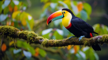 Fototapeta premium Vibrant toucan perched on a branch in a lush, misty cloud forest.