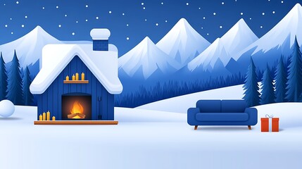 Cozy Cabin Winter Mountain Landscape Scene
