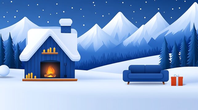 Cozy Cabin Winter Mountain Landscape Scene