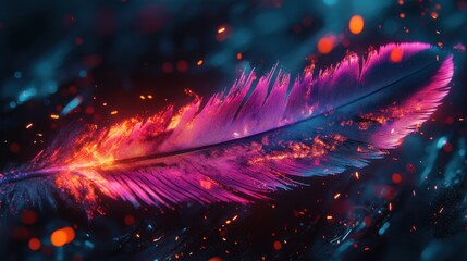 A burning feather with neon flames in vibrant pinks and blues.