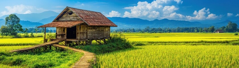 Obraz premium A serene rural landscape featuring a wooden house amidst lush rice fields and mountains.