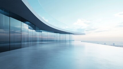 Modern architecture featuring a sleek balcony with panoramic views over a skyline during early evening light