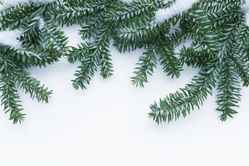 Snow-Covered Pine Branches on White Background