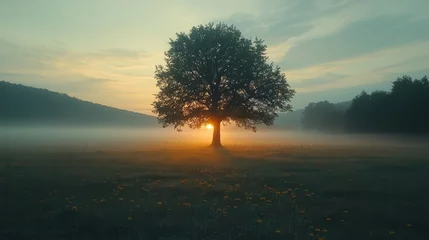 A peaceful sunrise over a rural field with a lone tree and morning mist hanging over the landscape. 