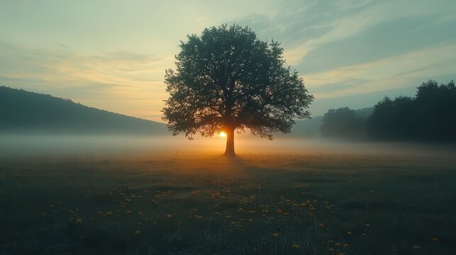 A peaceful sunrise over a rural field with a lone tree and morning mist hanging over the landscape. 