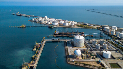 Aerial view oil and gas refinery depot industrial facility storage tank petrochemical, Crude oil...