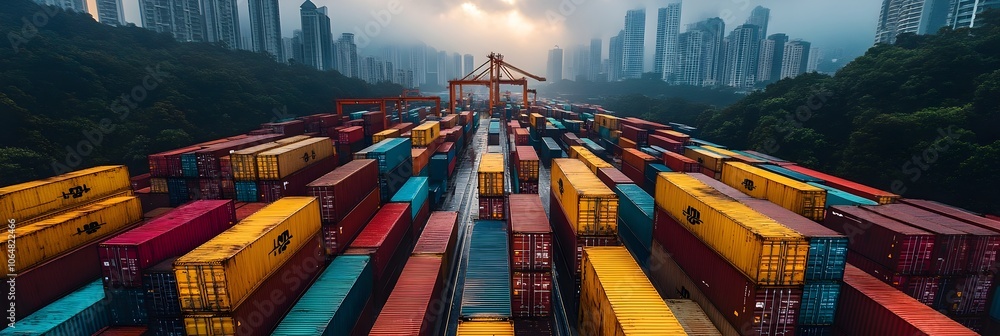 Poster Aerial panoramic view of a large container port with rows of multicolored shipping containers,cranes,and skyscrapers in the background,depicting the scale and complexity of global trade and logistics