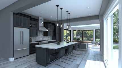 A stylish kitchen with a modern design, featuring dark gray and white colors.