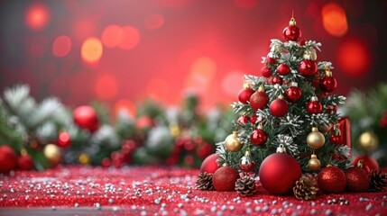 Miniature Christmas tree decorated with red baubles, gold ornaments, pine cones, and dusted with sparkling snow set against a festive red holiday background.

