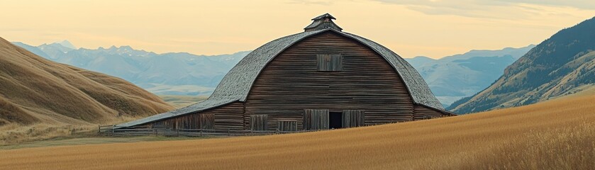 A rustic barn set against a backdrop of rolling hills and mountains at sunset.