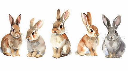 Fototapeta premium Set of cute rabbit or bunny watercolor isolated on white background. Painted bunnies for Happy Easter!