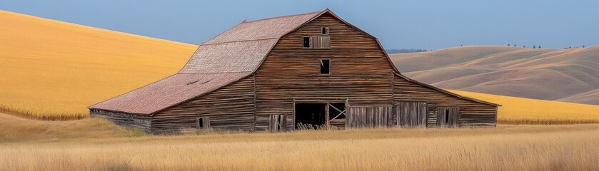 Obraz premium A rustic barn stands amidst golden fields under a clear sky, showcasing rural tranquility.