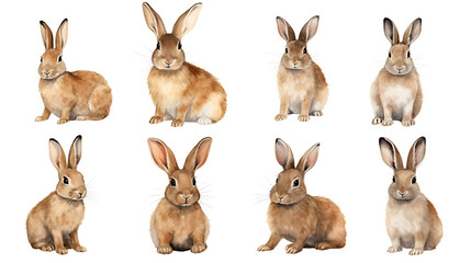 Set of cute rabbit or bunny watercolor isolated on white background. Painted bunnies for Happy Easter!