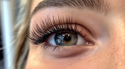 Obraz premium A woman's eye is shown with long eyelashes, highlighting the effect of eyelash extensions. The photo focuses on the eyelashes.