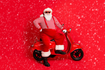 Full length photo of grandfather grey beard stand near retro scooter cool wear santa claus x-mas...