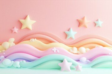 3D render of a cute pastel background with stars and waves. 