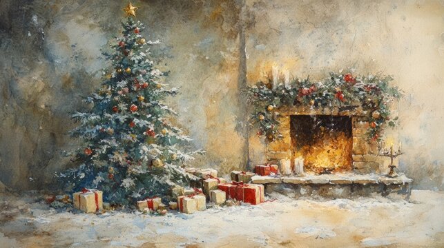 A festive Christmas atmosphere is created by a sparkling tree, colorful gifts, and a cozy fireplace adorned with candles during Saint Nicholas Day