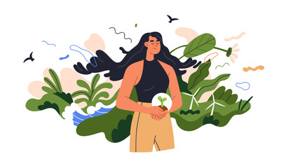 Eco-friendly concept, sustainability, ecology and nature. Conscious person, green environment with plants, water, renewable energy. Ecological flat vector illustration isolated on white background