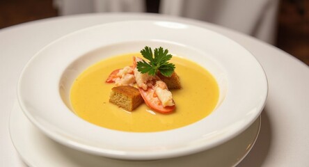 Elegant seafood bisque garnished with herbs