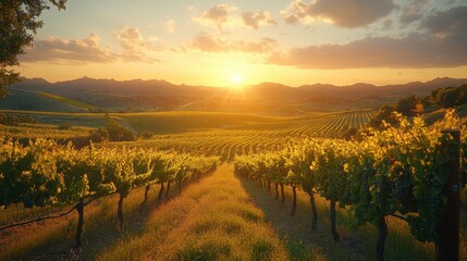 Naklejka premium A scenic vineyard landscape with rolling hills, grapevines stretching across the fields, and a golden sunset casting warm light. 
